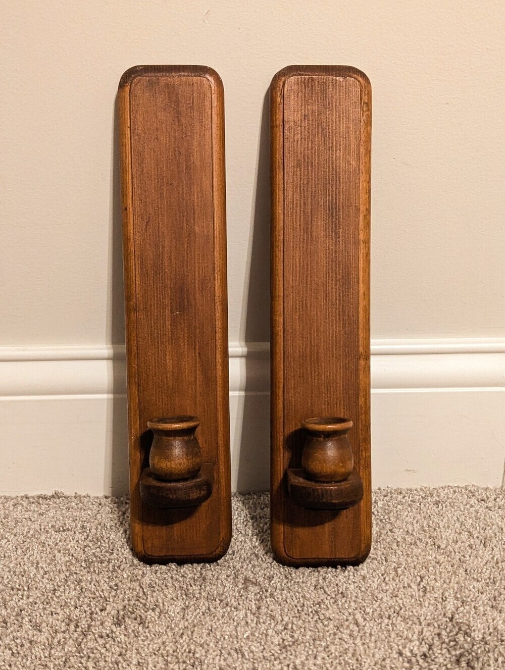 Vintage Wooden Candlestick Wall Sconces - Set Of 2